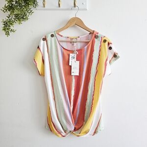 ⭐ Tru Self Multicolor Striped Twist-Front Top – Size M – NWT (Small Flaw)